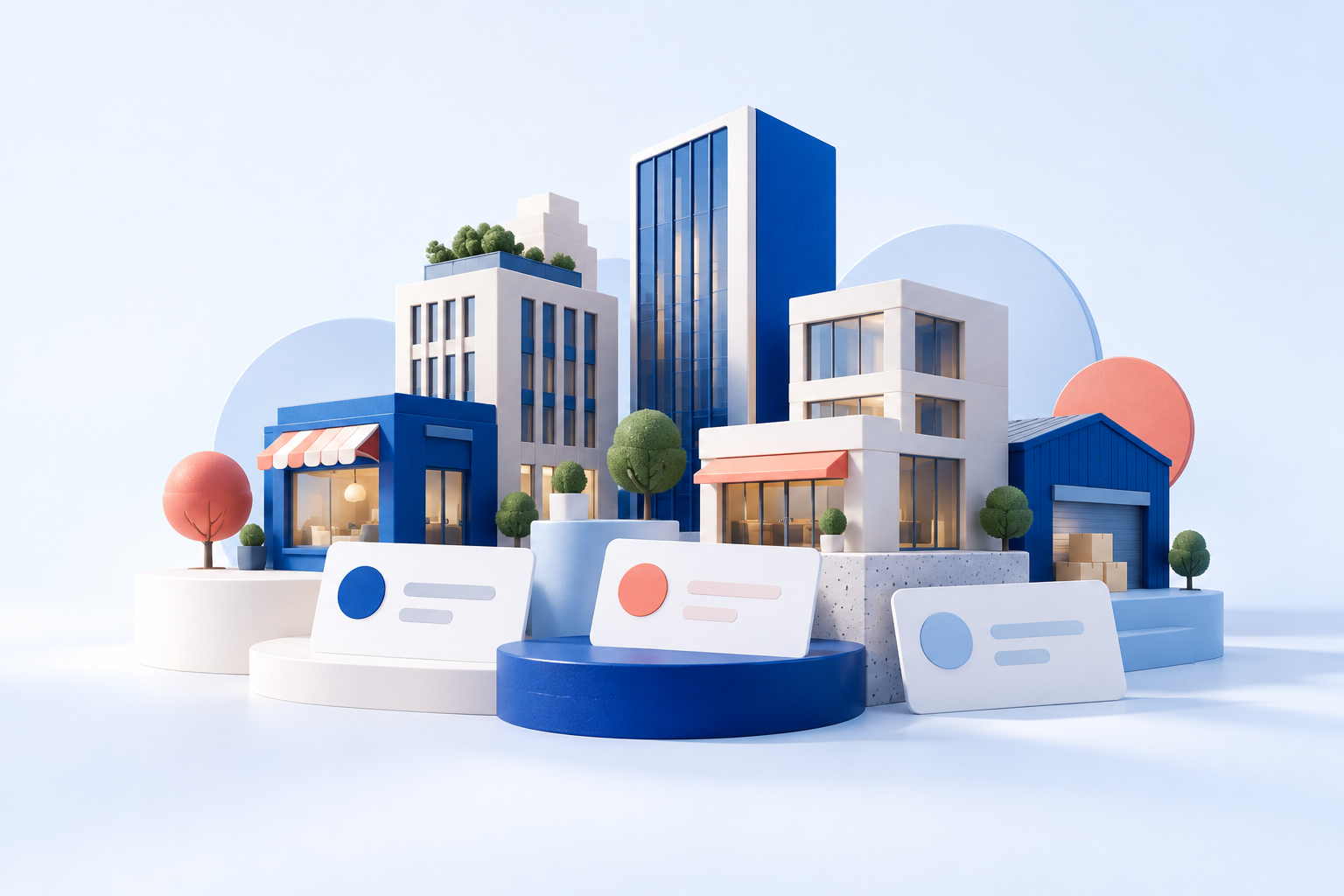 企業建築與品牌資料卡組成的概念插畫